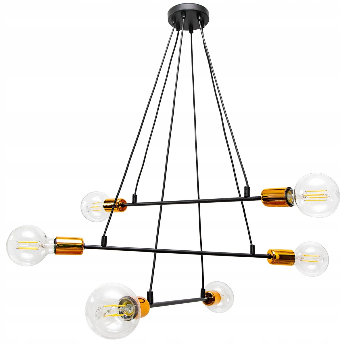 Merkloze Loft Hanglamp met Koperen Accent - Zwart, 6xE27
