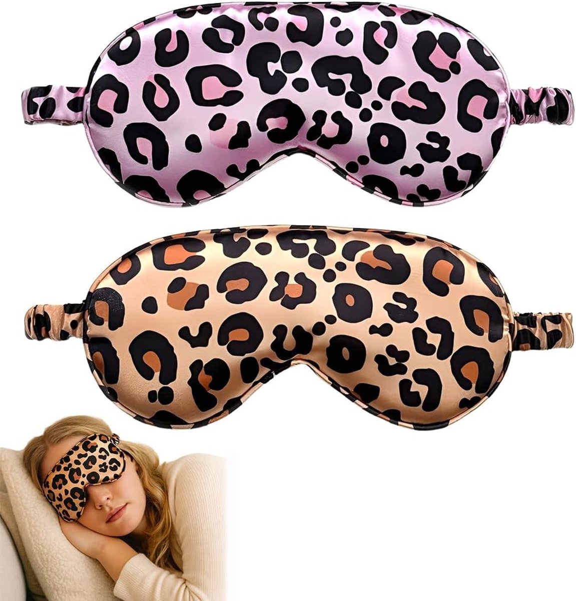 Slaapmasker van zachte zijde, voor dames, met verstelbare riem en volledig lichtblok, luipaardpatroon, ademend, 2 stuks
