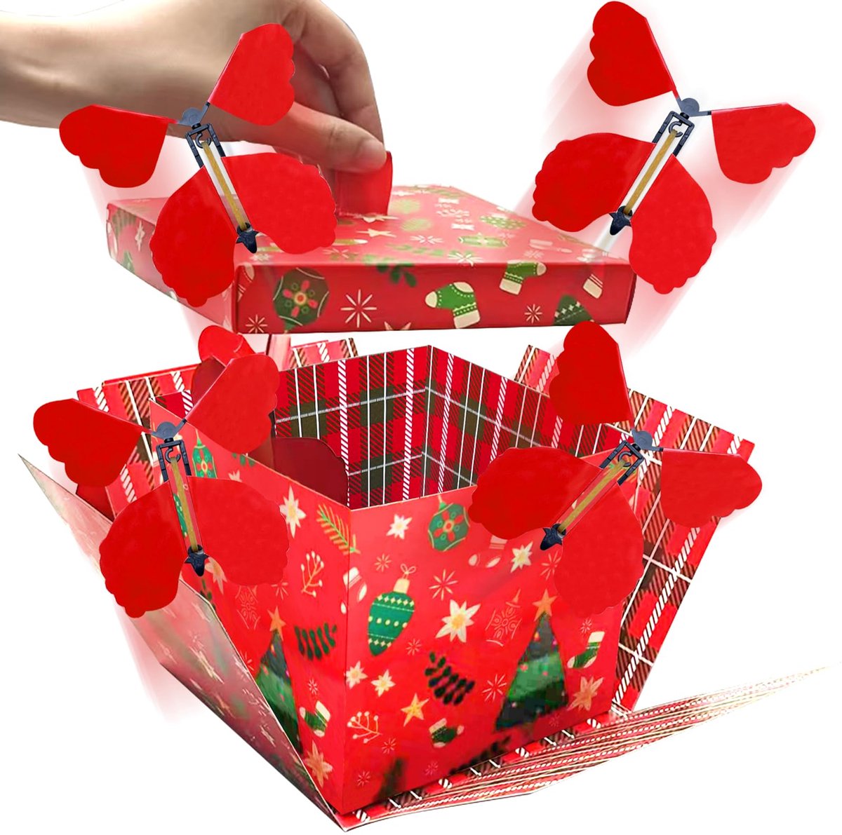 Namajunas - Vliegende vlinder Cadeauverpakking Doosje - Geschenkdoos - Verrassingspakket - Cadeauverpakkingen - Cadeauverpakking - Cadeaudoos - Cadeaudoos met deksel - Cadeau - Met Wenskaarten & 4 Vlinders - Kerstboom Patroon - kerstkaarten