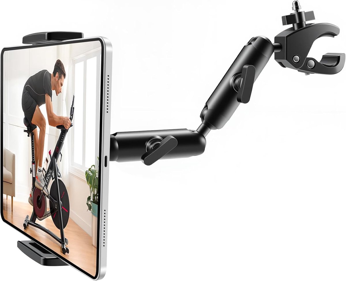 Arm loopband tablethouder fiets stuur houder, iPad houder voor spin bike, aluminium klem voor stationaire spin bike Peloton kinderwagen, compatibel met 4-13 inch apparaten