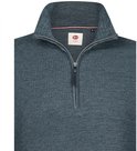 Gedetailleerde kraag en ritssluiting van een blauwe gemêleerde trui met label.