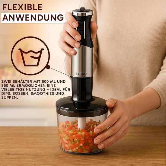 Staafmixerset 1200W - Keukenmixer - Eten Bereiden - 8 Snelheden Turbo - 600 en 860ml - Zwart — afbeelding 3