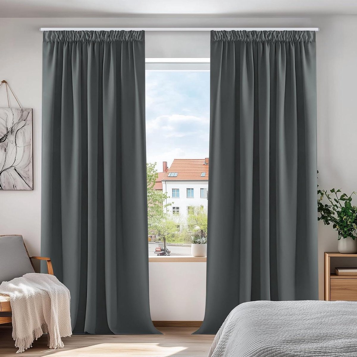 Blackout Gordijnen - Verduisterende Gordijnen - Slaapkamer Verduisteren - Plooi Gordijnen - 140x175 cm - Donkergrijs