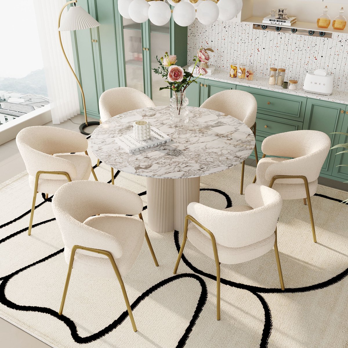 Welltin Eetkamerstoelen Set van 6 - Witte stoel - Zachte stoel - Gouden poten - Stoel met metalen frame - Luxe keukenstoel - Comfortabele stoel - Woonkamer stoel - Design stoel