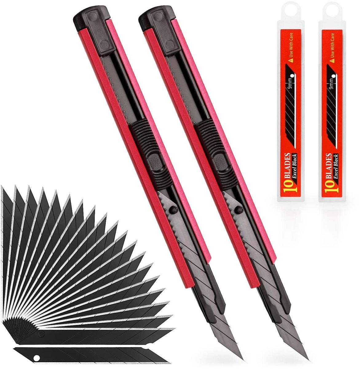 SolidKeus - 2 Stuks 9 mm Cutter met 20 Vervangbladen, Rood