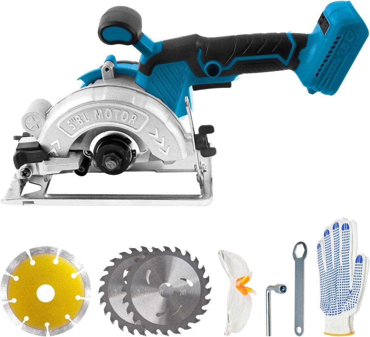 Draadloze Cirkelzaag 1000W 6200RPM Borstelloze Elektrische Zaag met 3 Stuks 125MM Zaagbladen, 0-45° Vellingrand, 32mm Diepte voor Hout, Zacht Metaal en Kunststof