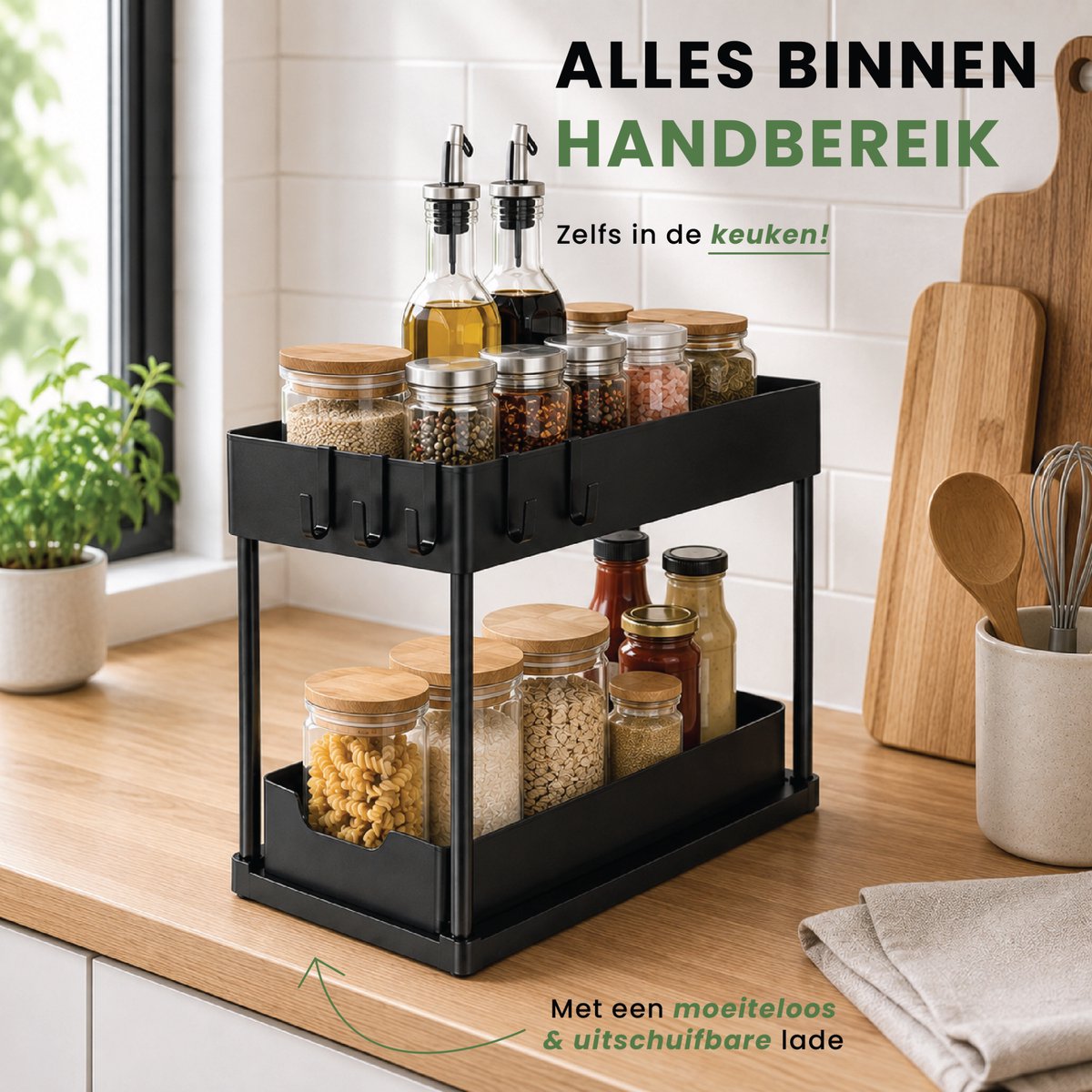 Caryota Keukenkast Organizer - Uitschuifbare Lade voor Gootsteenkast of Badkamer - Dubbellaags - Uitrekbaar - 39,7 x 22 x 35 cm - Kunststof - Zwart — cadeau in Cadeau-ideeën - foto 3