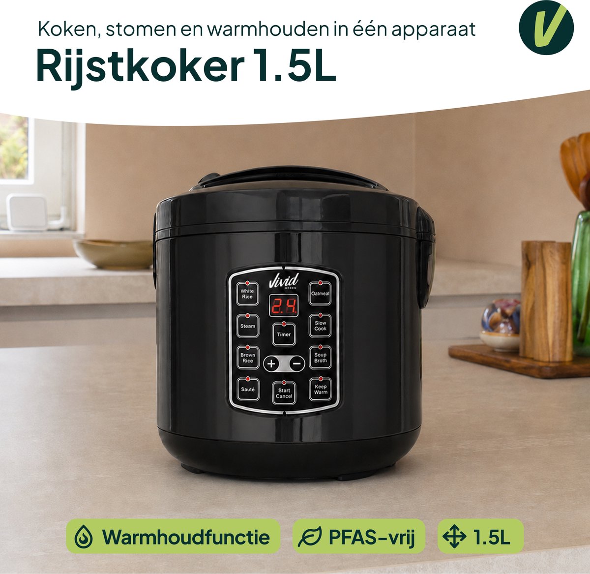 Rijstkoker met Stomer - 1.5L - Slowcooker met Timer - 8 Porties - Multicooker - Rice Cooker - Zwart - Vivid Green – foto 2