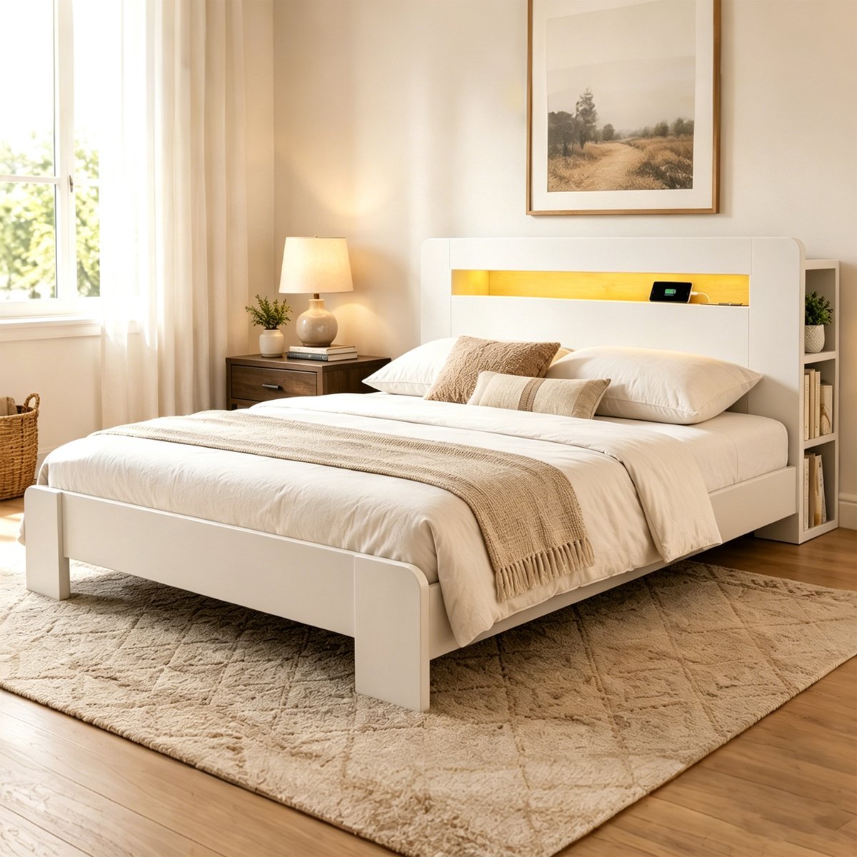 VVBV Tweepersoonsbed 140x200 cm - Opbergruimte, Stopcontact, LED-Verlichting, Ruimtebesparend - Wit, Hout