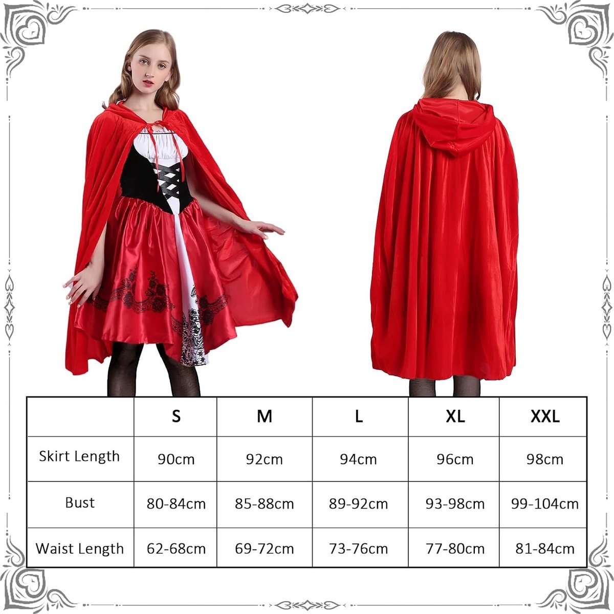 Vrouwelijk Roodkapje Kostuum met Cape, Jurk en Zwarte Kousen voor Carnaval, Halloween en Feestjes