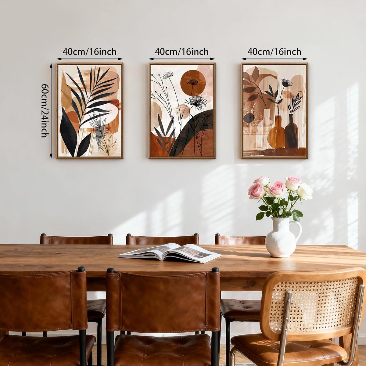 Set van 3 ingelijste doeken in boho-stijl met bruine botanische bladeren, minimalistische illustratie voor huisdecoratie voor slaapkamer, woonkamer, kantoor, 40 x 60 x 3 cm — cadeau in Wonen & Interieur - foto 6