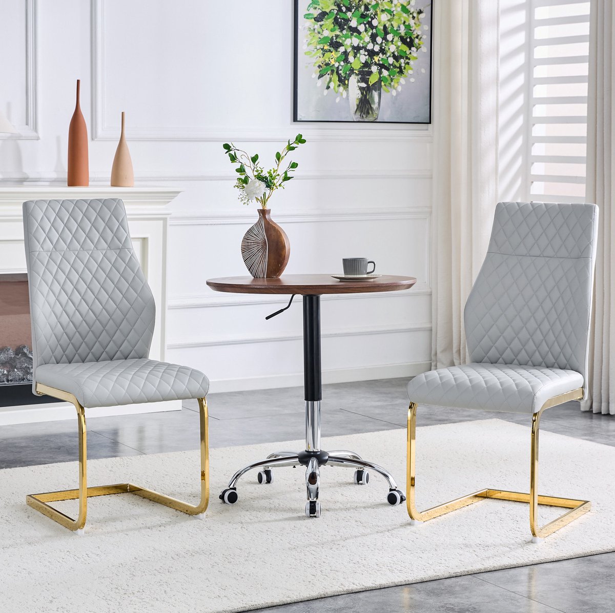 DESMIU Eetkamerstoel Set Van 2 - Geruit Gestikt Design Met Hoge Rugleuning - Voor Eetkamer En Woonkamer - Kunstleer - Grijs Goud