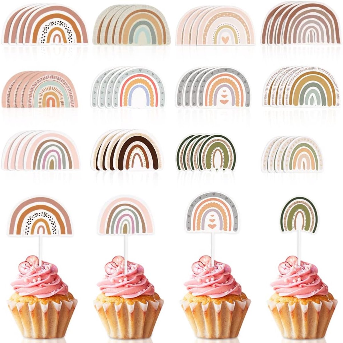 48 stuks Boho-regenboog-cupcake-toppers, PUDSIRN Bohemian regenboogthema, taarttoppers, cupcake-prikkers, babyshower, verjaardagsfeestdecoratie