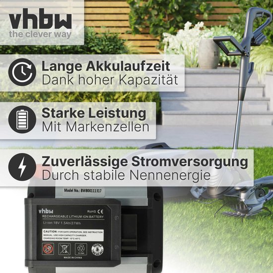 vhbw Accu compatibel met Gardena 2000/2 Li-18 (1749-20) grasmaaier, grasschaar, heggenschaar, tuingereedschap (1500mAh 18V Li-Ion) van VHBW — afbeelding 2