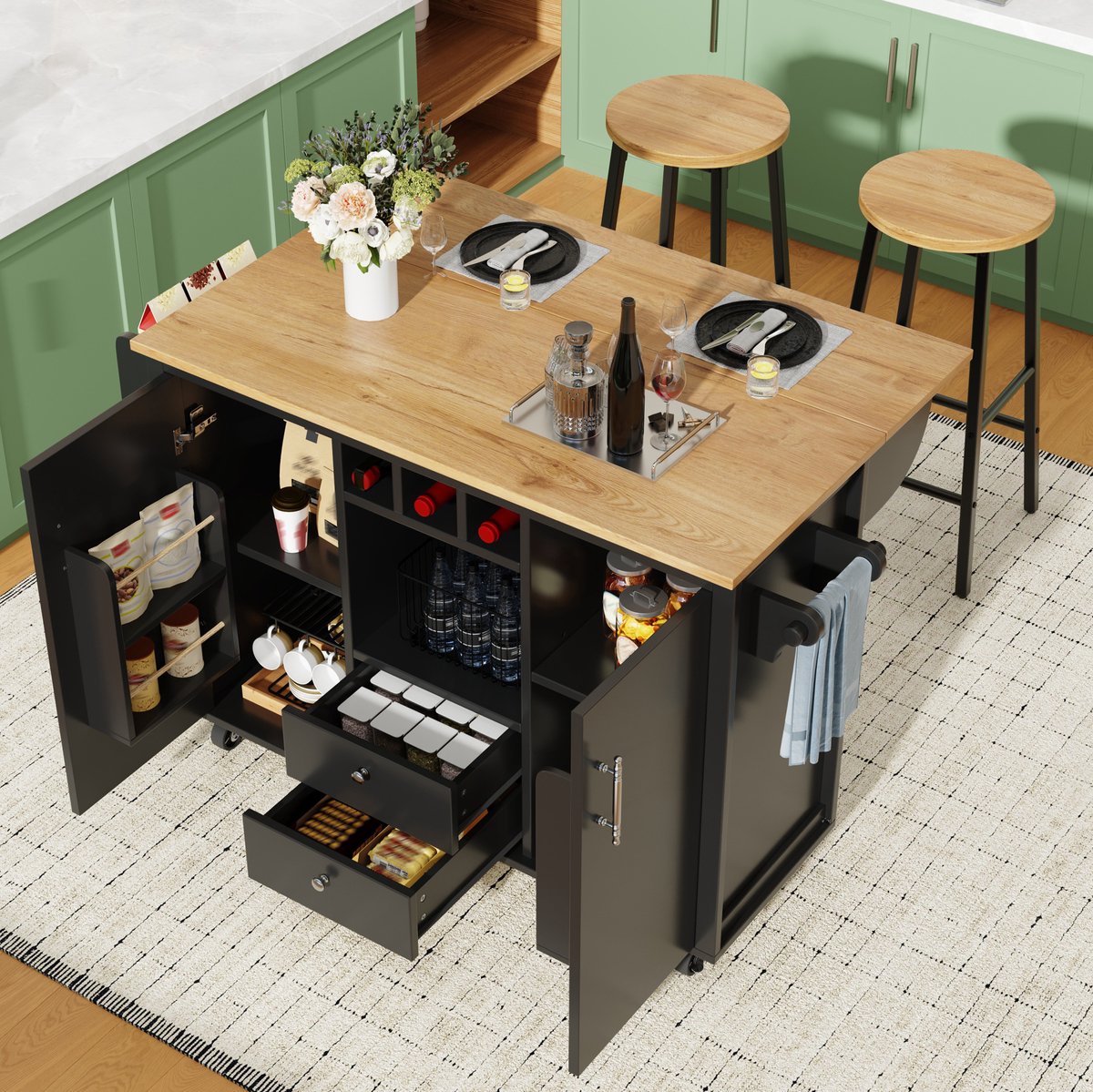 MIVRAY Keukeneiland Met 2 Barkrukken - Klapbaar Werkblad En Opbergruimte - Verrijdbaar Voor Keuken En Eethoek - Zwart Metaal - 137,9x73x92 Cm