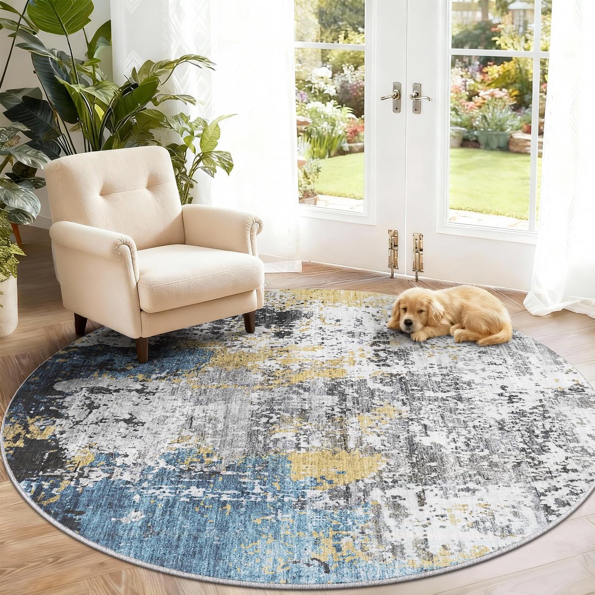 Rond Tapijt Ø160 cm, kortpolig, modern abstract, superzacht, wasbaar & antislip voor woonkamer, slaapkamer, kinderkamer, eetkamer, kantoor, leeshoek, Marineblauw-Goud