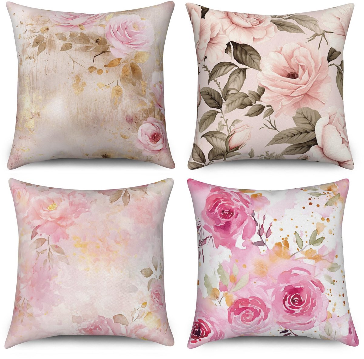Kussensloop 40x40 cm 4-delige Set, Lente Retro Roos Bloemen Bladeren Bank Sierkussen Kussensloop Kussenhoes Wasbaar Polyester Vlas Textiel Outdoor Hoofdkussensloop Kussen Overtrek