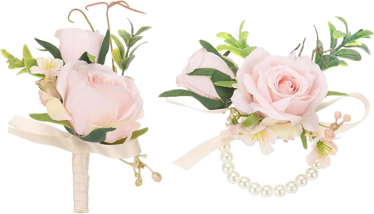 Bloemen Set - Pols Corsage - Feestelijke Decoratie - Realistische Stofbloemen - 13 x 8 cm - Champagne