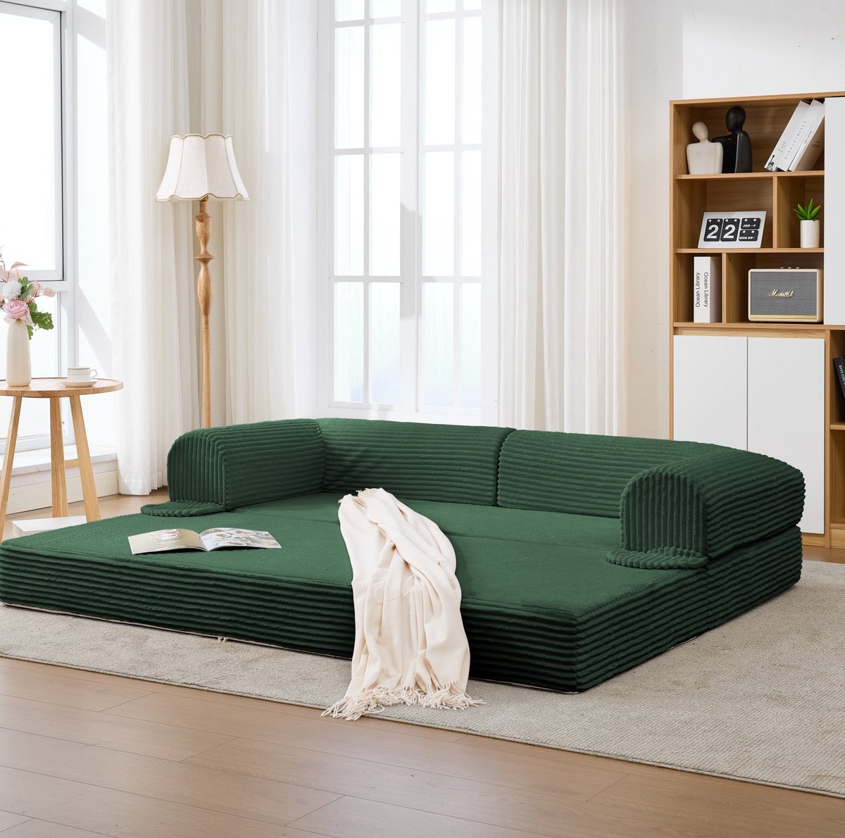 MIVRAY Slaapbank 190 x 78 x 65 cm - 2-Zits Uitschuifbare Bedbank Voor Woonkamer En Logeerkamer - Kordstof Groen