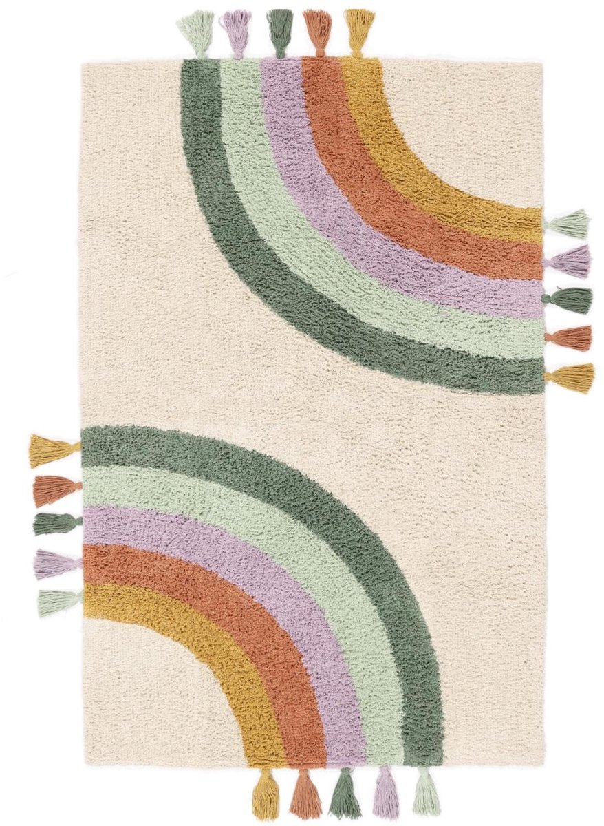 Rainbow, Kinderkleed, Moderne Kinderen, 140 x 200 cm, Rechthoekig, Laagpolig, Woonkamer, Kinderkamer, Slaapkamer, Machinewas, Zonder gevaarlijke chemicaliën, Off Wit/Multi