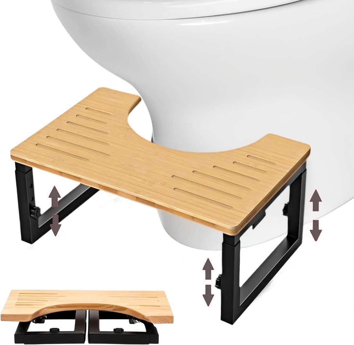 Toiletkruk Inklapbaar - Stoelgangkruk Poef - Verbeteren Stoelgang - In Hoogte Verstelbaar - 26 x 40 x 22 cm - Houtkleur