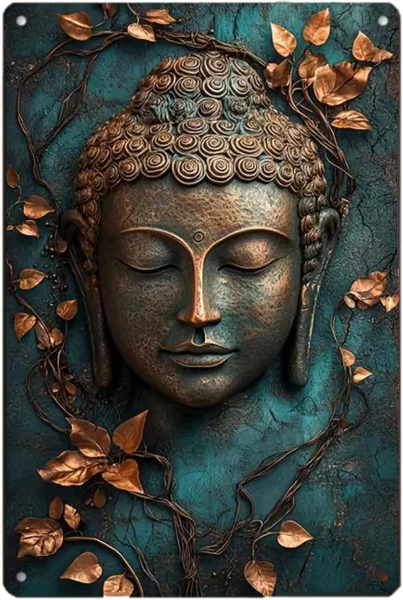 Buddha Lotus Metaal Plaque - Wanddecoratie Tuin - Creëer Rust - Weerbestendig Aluminium - 30 x 20 cm - Vintage