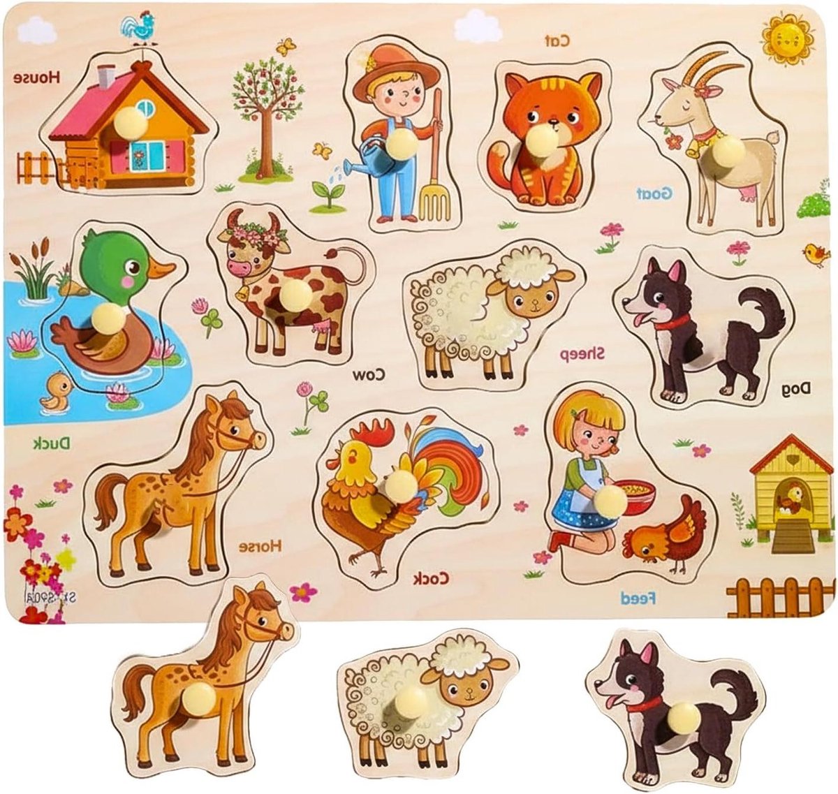 Houten Boerderij Puzzel - Dieren Puzzel Kind - Educatief Spelen - Zelfnivellerend - 295 x 22 cm - Multicolor