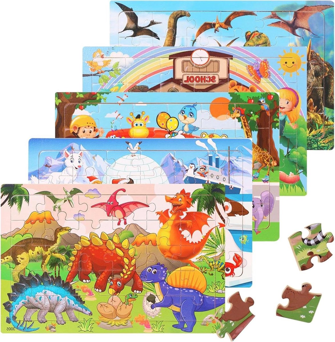 Houten Puzzel Kinderen - Steekpuzzel Educatief - Ontwikkeling Vaardigheden - 5 Thema's 24 Stukjes - 22.5 x 15 cm - Veelkleurig