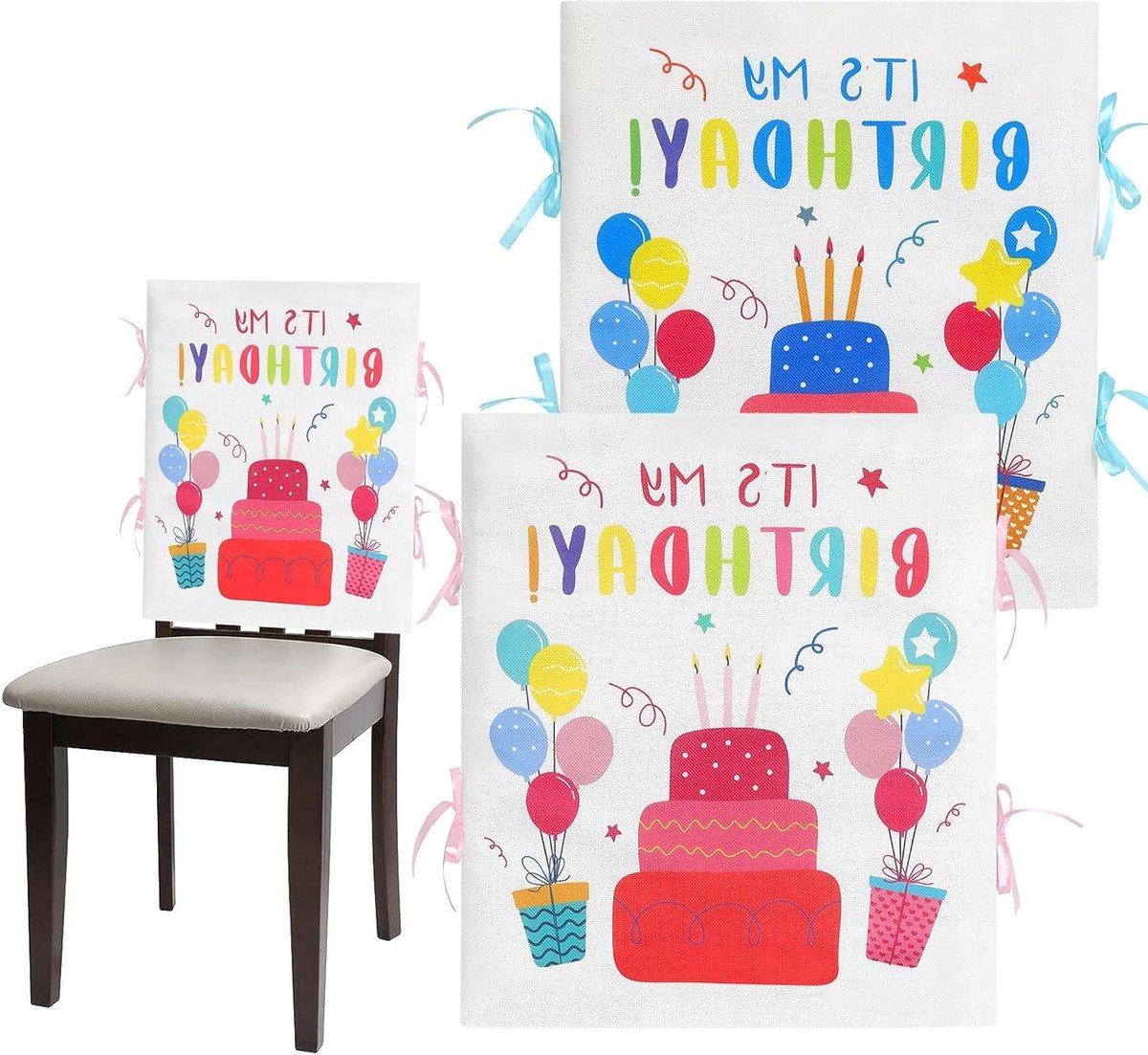 Verjaardagstoelhoes - Stoeldecoratie Feestaccessoire - Verjaardagsfeest Versieren - Taart en Ballonnen Patroon - 46 x 52 cm - Blauw en Rood