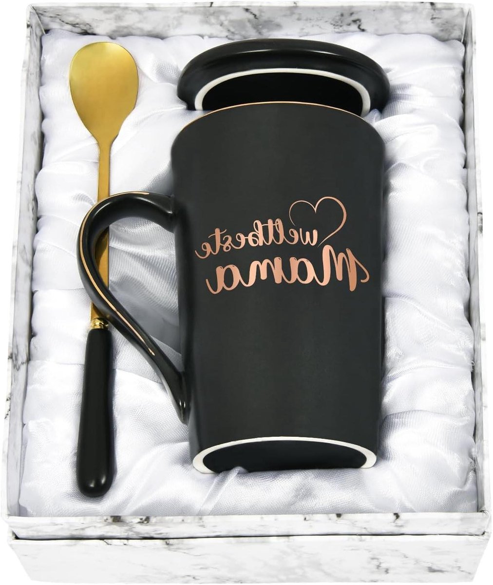 Koffiemok Mama - Moeder mok - Cadeau geven - Unieke marmeren textuur - 400 ml - Zwart