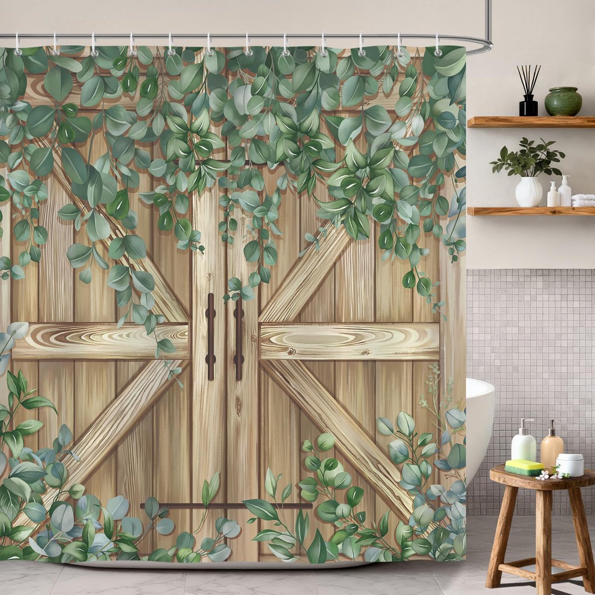 Douchegordijn schuurdeur eucalyptus bladeren polyester waterdicht anti-schimmel wasbaar badkamergordijnen 180 x 180 cm met 12 haken