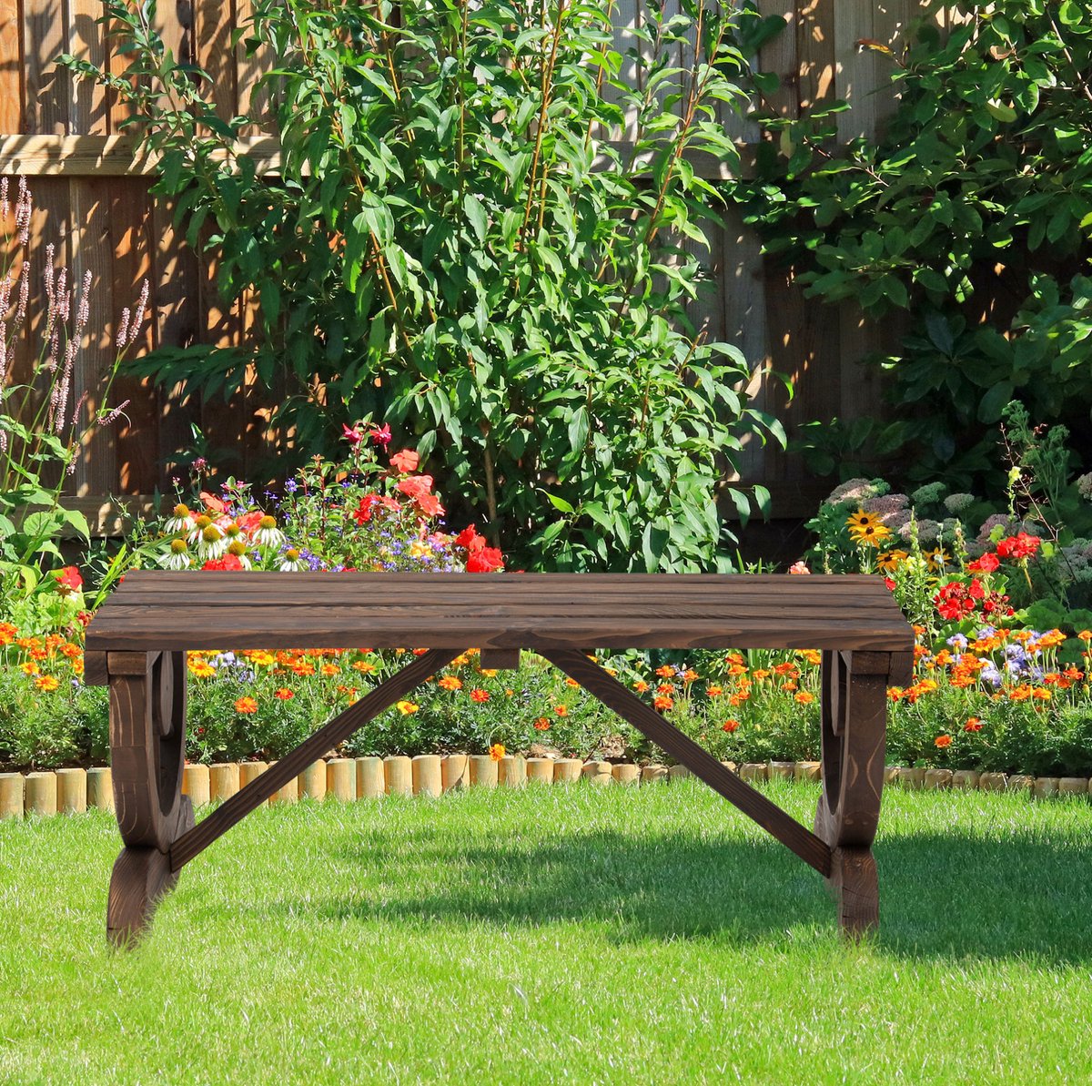 MEUNIQ tuinbank hout 98 x 50 x 39,5 cm voor 2 personen, weerbestendige houten buitenbank met wagenwielpoten, brede zitting voor tuin en terras, bruin