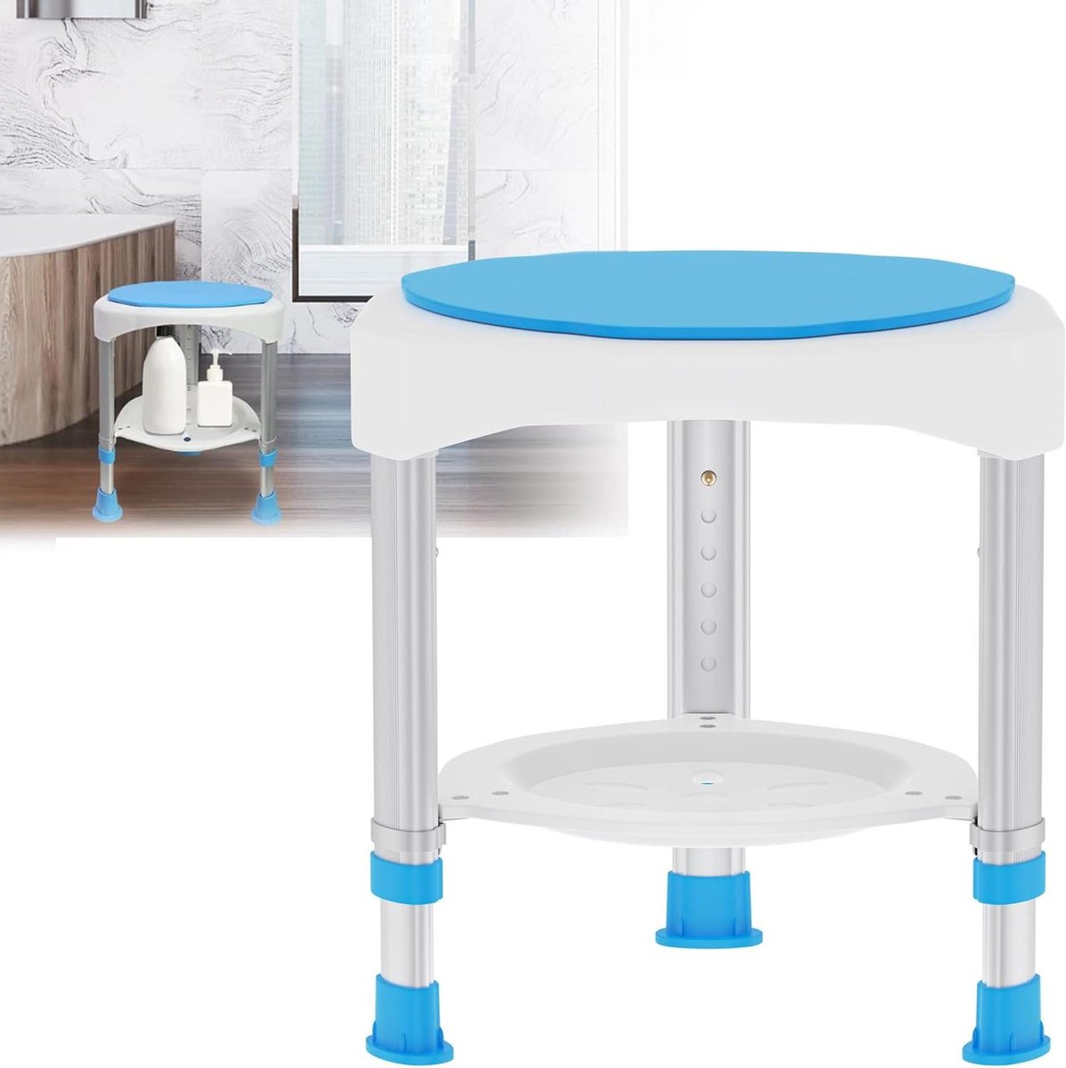Douchekruk - Badstoel - Veilig Douchen - 360 Graden Draaibaar - 45-57 cm Verstelbaar - Wit Blauw