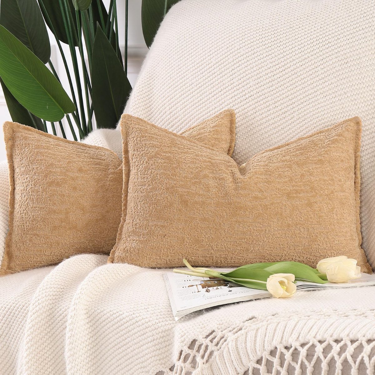 Set van 2 Zacht Chenille Fluwelen Franje kussenslopen Neutrale Decoratieve Kussens voor Sofa Boho Accent Kussensloop Covers voor Slaapkamer Woonkamer 40x80 cm Beige