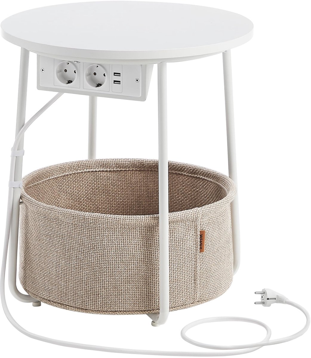 Kleine ronde salontafel, bijzettafel met stoffen mand en stekkerdoos, opbergruimte, voor woonkamer, slaapkamer, moderne stijl, mat wit en camelbruin LET228W02