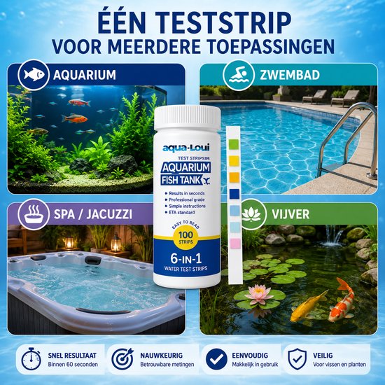 Flesje 6-in-1 teststrips voor aquarium, zwembad, spa/jacuzzi, vijver. Met kleurenschaal, snelle resultaten, nauwkeurig, eenvoudig, veilig.