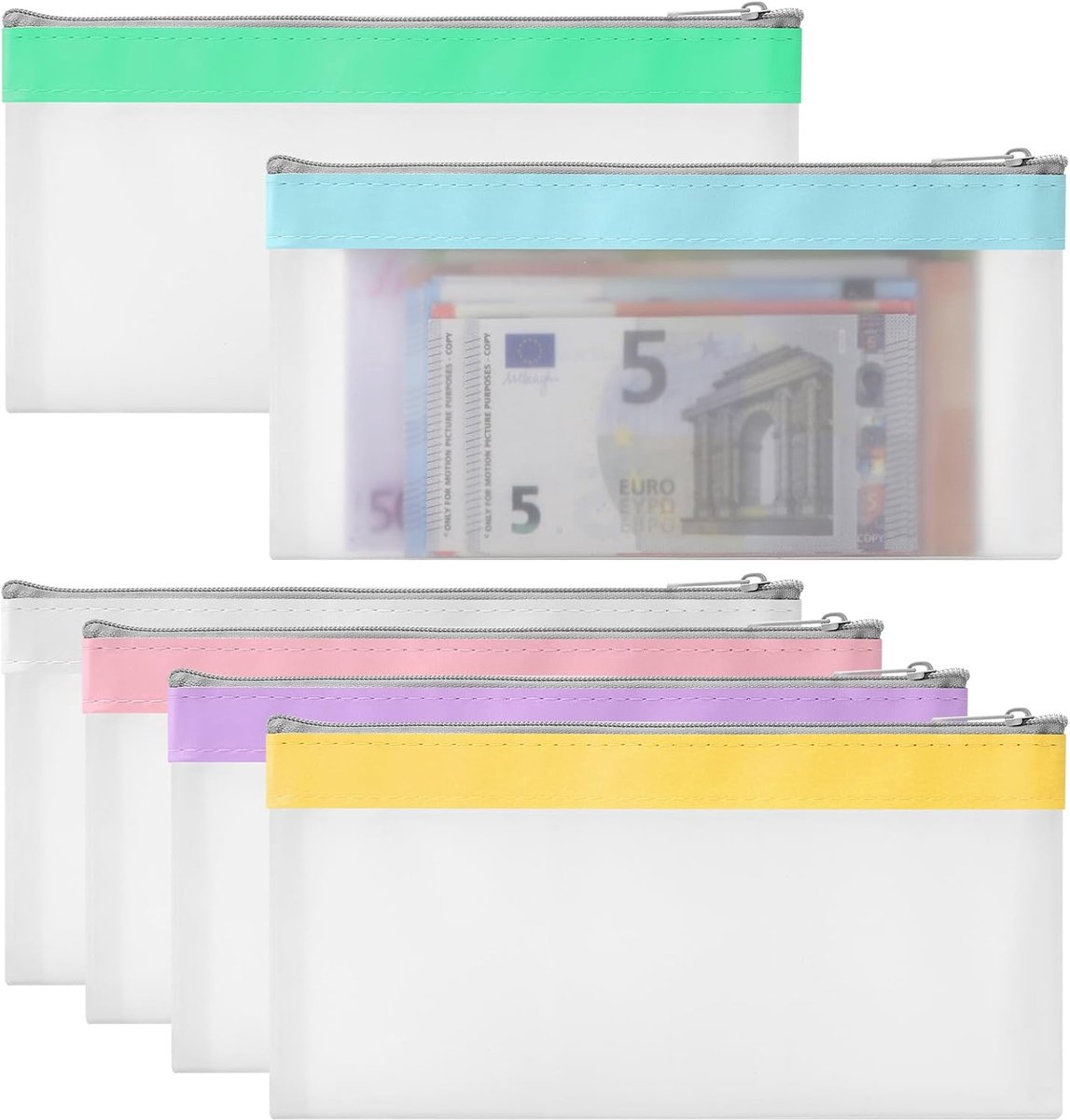 6 stuks portemonnee, banktas, transparant, waterdicht, doorschijnend, etui met ritssluiting, cosmeticatas, opslag, contant geld voor zaken, 21 x 10 cm