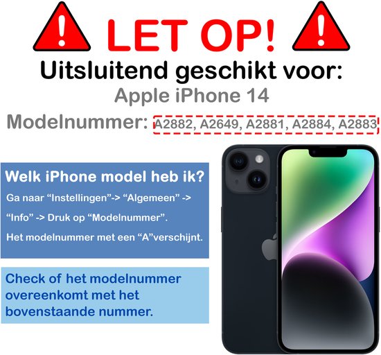 Waarschuwing: Uitsluitend geschikt voor Apple iPhone 14. Modelnummers A2882, A2649, A2881, A2884, A2883.