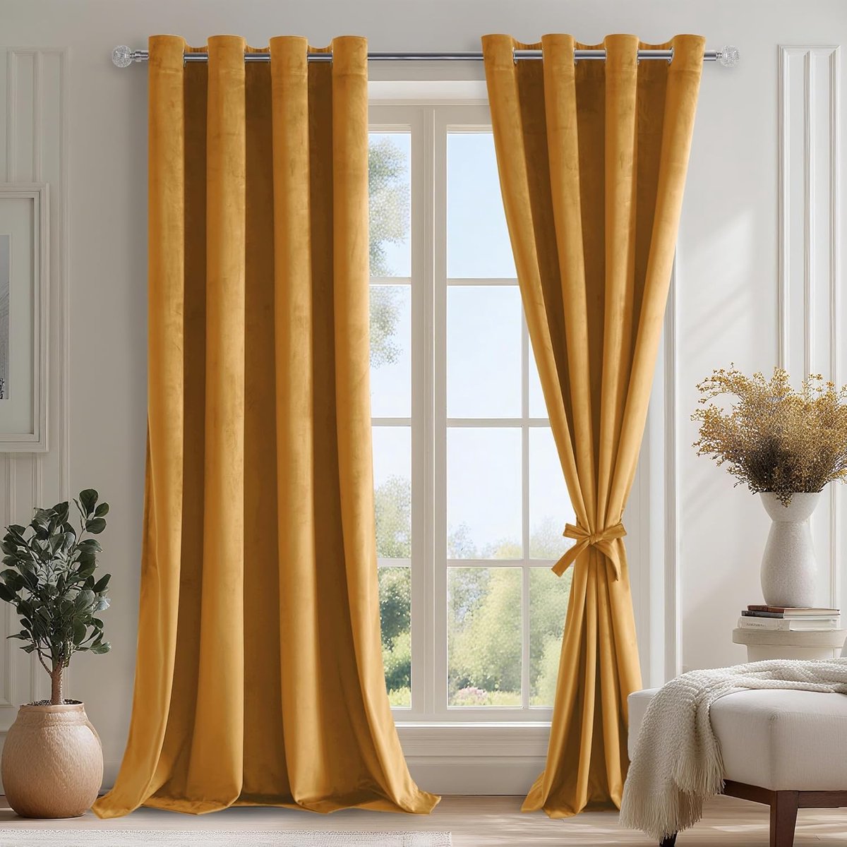 Mosterdgeel Gordijnen voor Woonkamer, Samt 2-delig, H280 x B140cm, Zachte Samtgordijn met Gordijn-Strikjes, Zware Ondoorzichtige Gordijnen met Bescherming tegen Koude met Ogen, Dikke