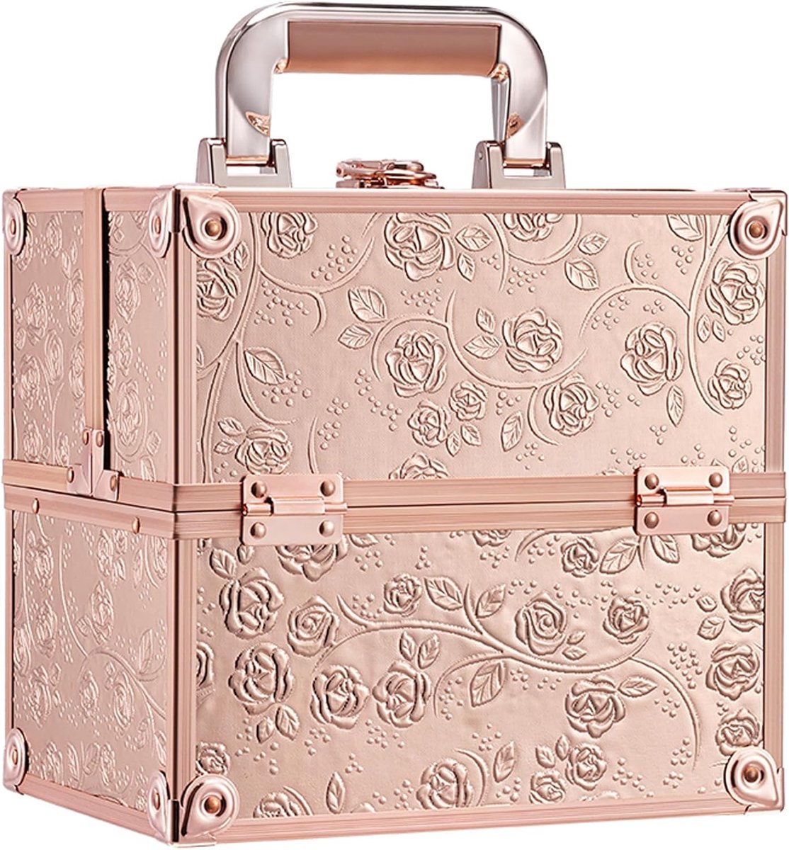 make-upkoffer, leeg, make-up koffer, aluminium beautycase, afsluitbare nagelkoffer, multikoffer, roségoud, Medium