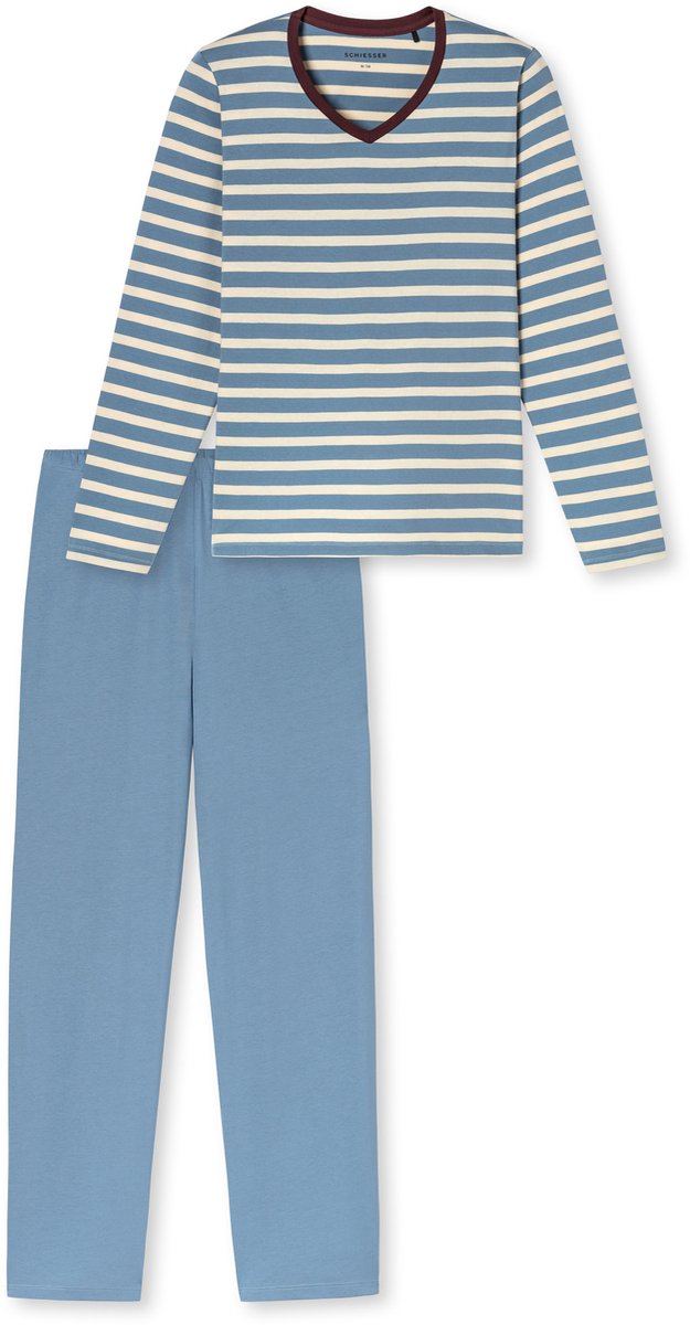 Schiesser dames Casual Essentials lange pyjama met streepjes van - grijsblauw dessin grijs blauw
