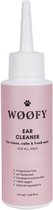 WØØFY oorreiniger fles, 100ml, met een roze label met tekst en een pootafdruk. Witte achtergrond.