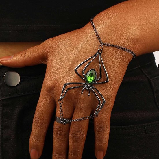Handketting voor dames, gothic handsieraad van zwart metaal en groen kristal met ring, spinnen-handketting handdecoratie in donkere stijl voor damesmode — afbeelding 5