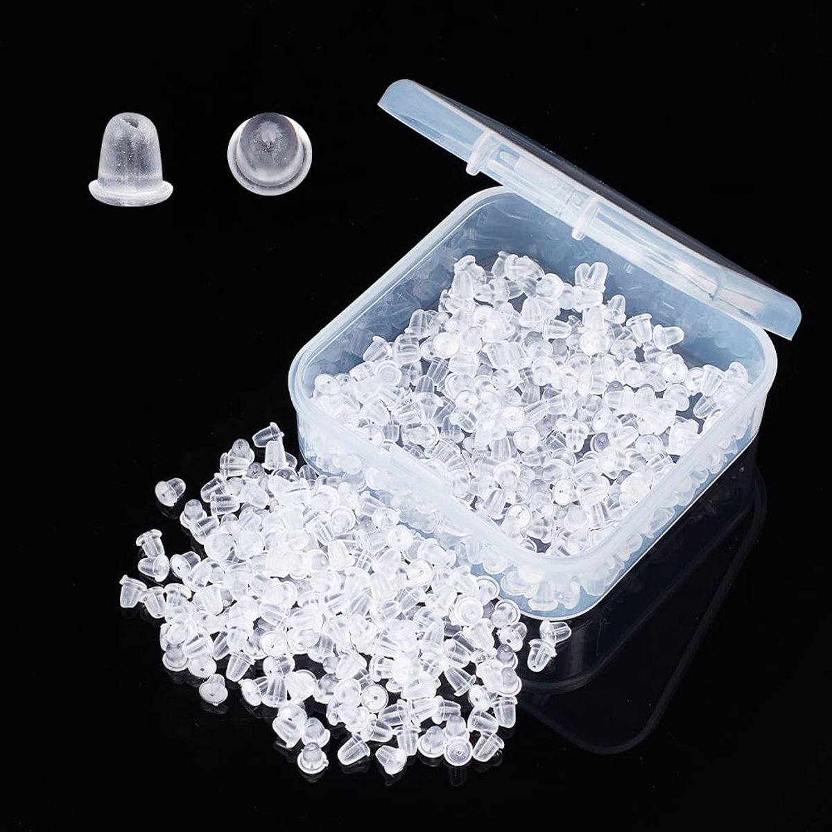 500 stuks duidelijk zacht plastic oorbel terug stopper Earnut bevindingen, ongeveer 4 mm lang, 3,5 mm breed, 3,5 mm dik, gat: 0,5 mm