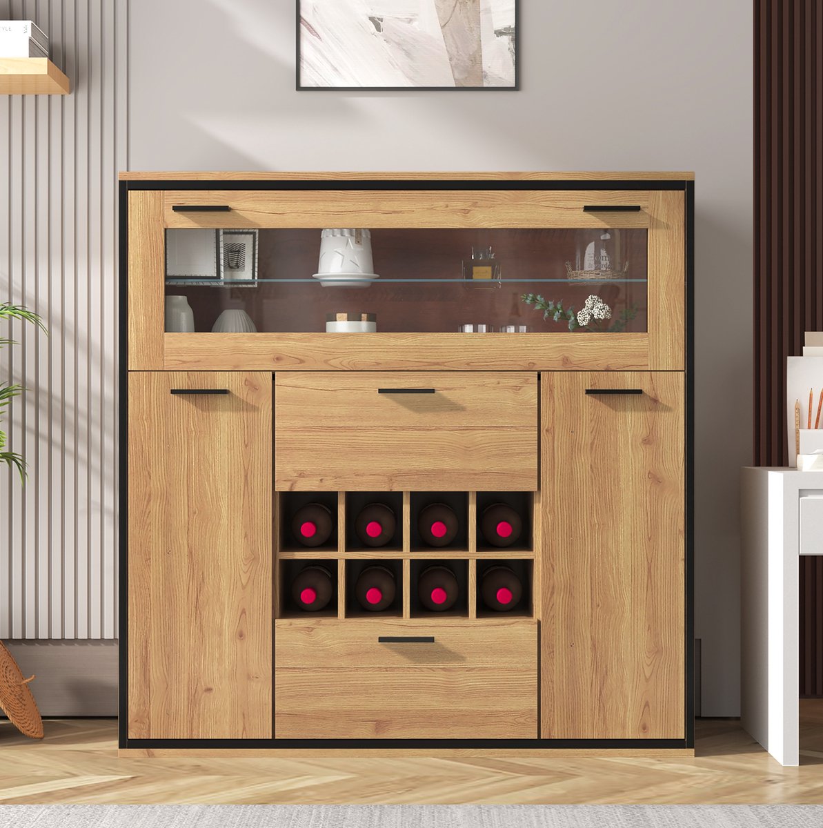 HAUSS SPOLE Dressoir - Wijnkast Met Ledverlichting En Glazen Vak - 2 Deuren Voor Woonkamer Of Eetkamer - Spaanplaat - 110x38x111 Cm - Naturel Zwart