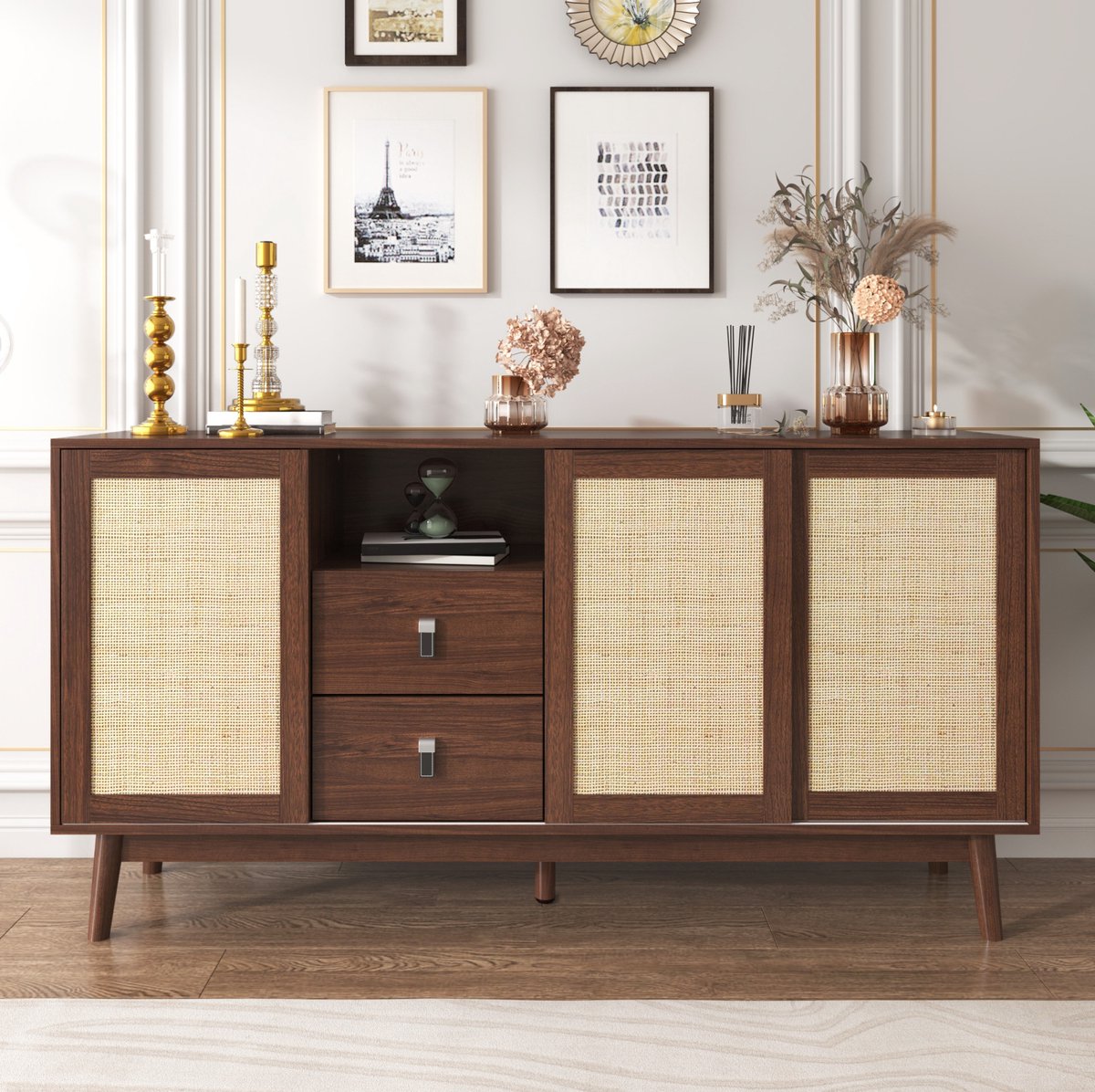 HAUSS SPOLE Dressoir - Met 3 Schuifdeuren En 2 Laden - Veelzijdige Opbergkast Voor Woonkamer En Eetkamer - Houtlook - 155x38x80 Cm - Donker Hout