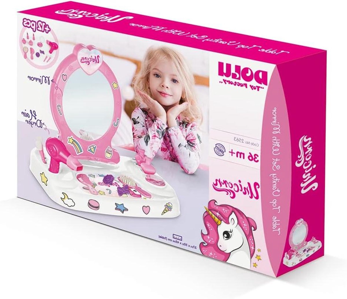 Opmaaktafel Unicorn - Kaptafel Kind - Spelen en Opbergen - Inclusief Accessoires - 37 x 30 x 45 cm - Roze