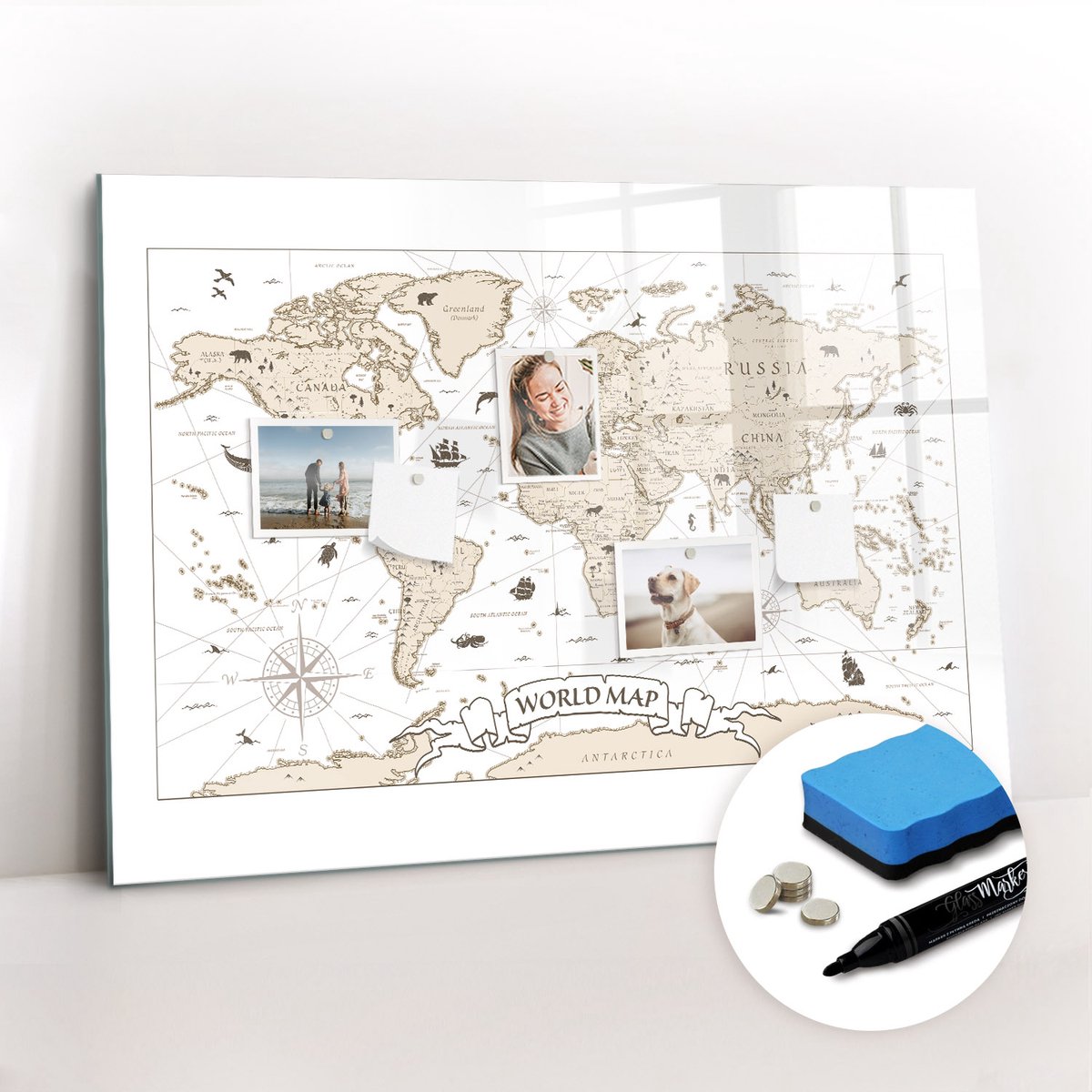 Tulup Whitebord - Vintage wereldkaart - 100 x 70 cm - Wit Magnetisch Wandbord - Gratis 5 Sterke Magneten + Whiteboard Marker & Wisser - Stylish Memo Board - Magneetbord Keuken - Organiseer Je Bureau