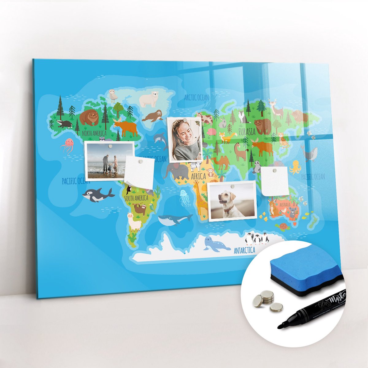 Tulup Whitebord - Cartoonkaart - 100 x 70 cm - Veelkleurig Magneetbord Keuken - Gratis 5 Sterke Magneten + Whiteboard Marker & Wisser - Design Memobord - Magnetic Board - Inspiratiebord Kantoor