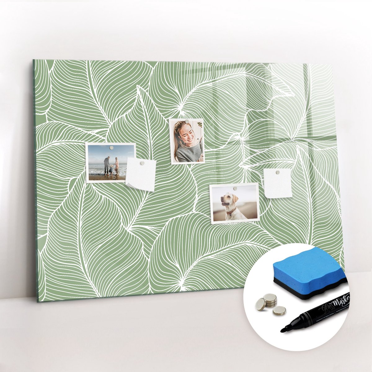 Tulup Whitebord - Natuurlijke bladerenpatroon - 100 x 70 cm - Groente Memobord Keuken - Gratis 5 Sterke Magneten + Whiteboard Marker & Wisser - Design Memobord - Memobord Magnetisch - Productiviteit Tools